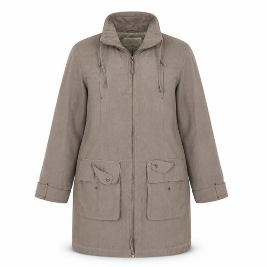 Front view of Lakeland women’s beige jacket coat, size UK 14