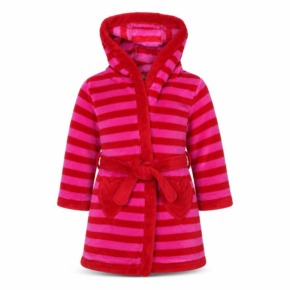 Front view of Mini Club girls’ pink striped robe, size 2-3, years