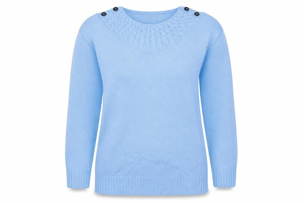 Front view of Choice women’s blue jumper, size S