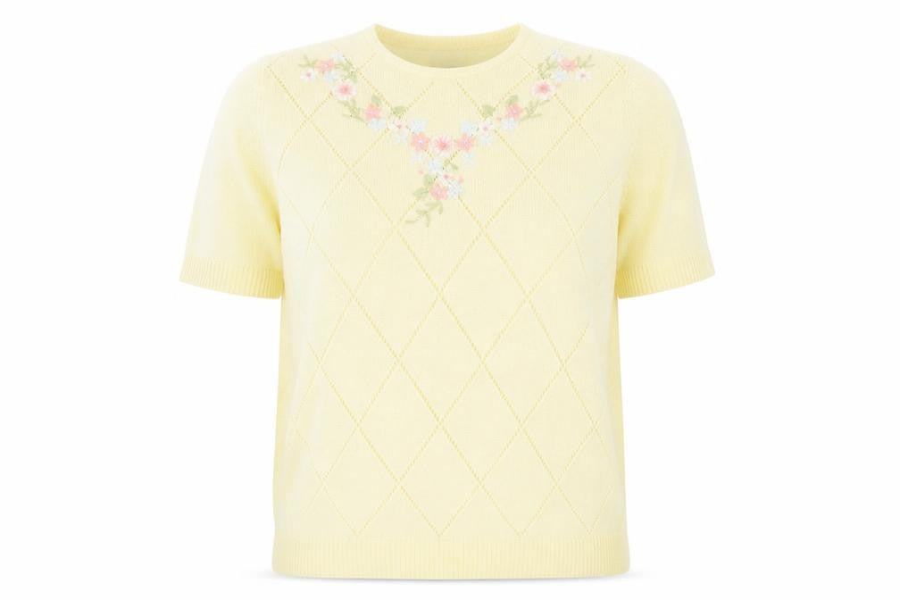 Front view of Classics women’s yellow jumper, size UK 12