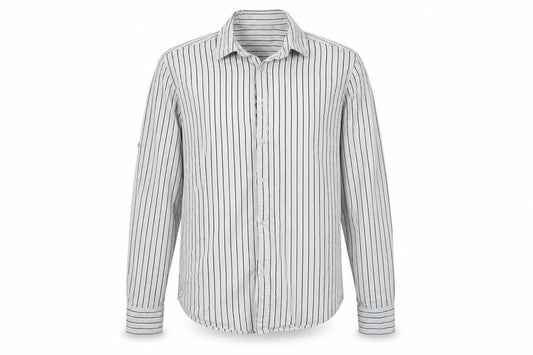 Front view of Next men’s grey striped button-up, size L