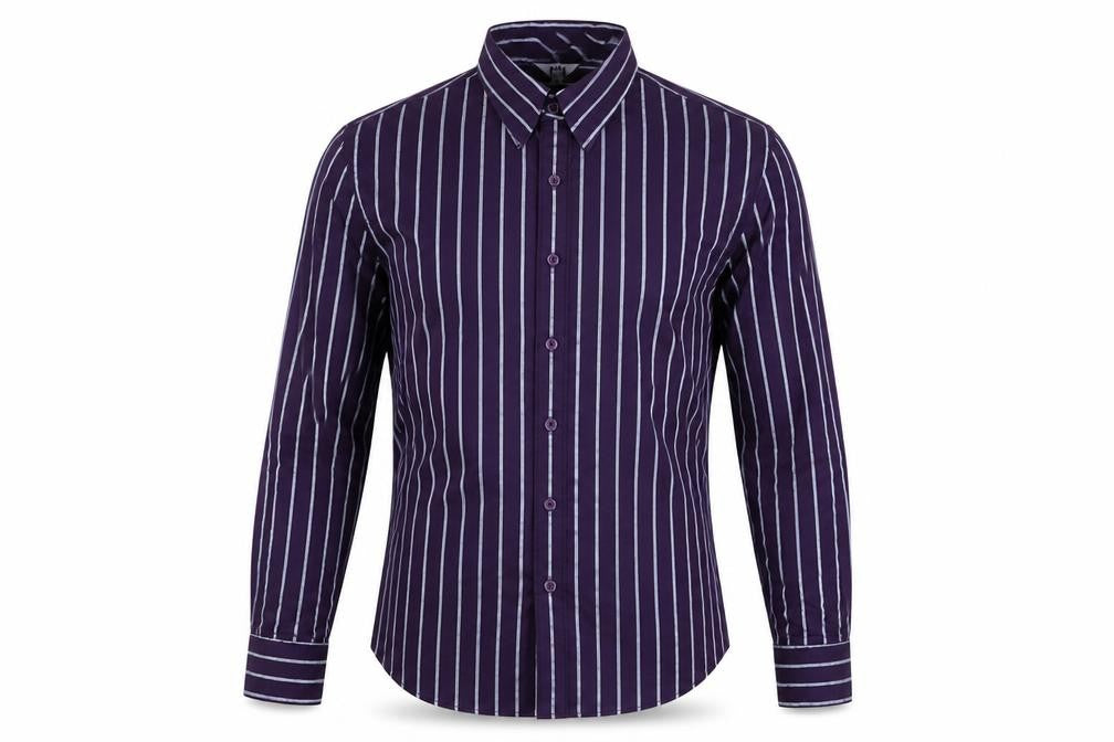 Front view of Tabi men’s purple striped button-up, size M