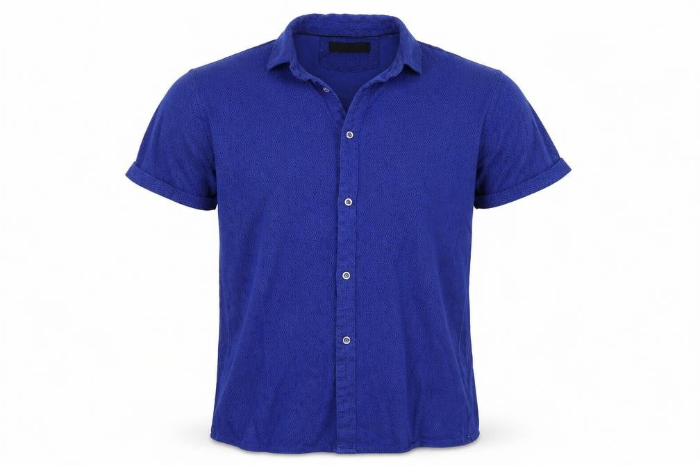 Front view of ACW85 men’s blue button-up, size L