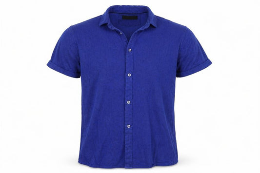Front view of ACW85 men’s blue button-up, size L