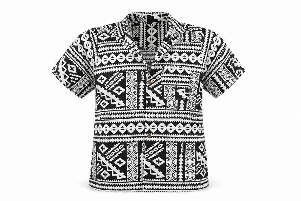 Front view of Tepa women’s black geometric basic button-up, size S