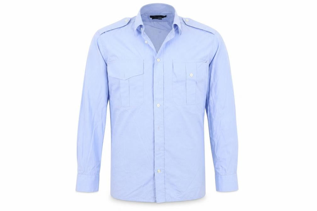 Front view of Bosweel men’s blue button-up, size 15
