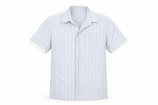 Front view of Next men’s blue striped button-up, size M