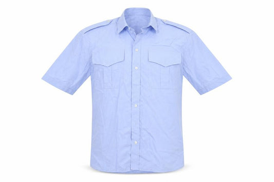 Front view of Bosweel men’s blue dress shirt, size 15