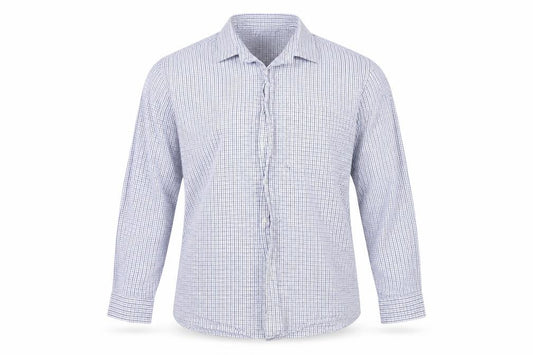 Front view of MALDINI men’s blue check button-up, size XL