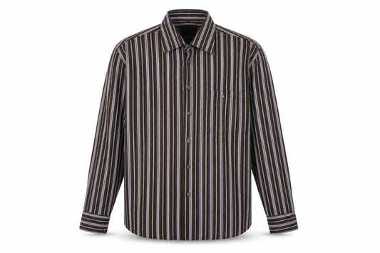 Front view of tailor & son men’s brown striped button-up, size M