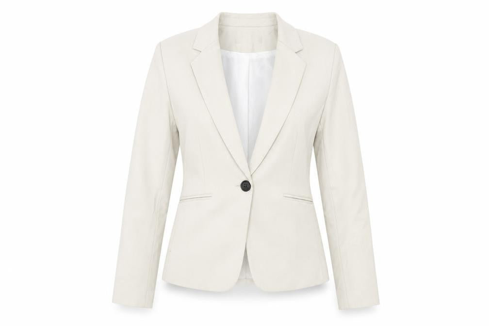 Front view of H&M women’s beige jacket coat, size UK 4