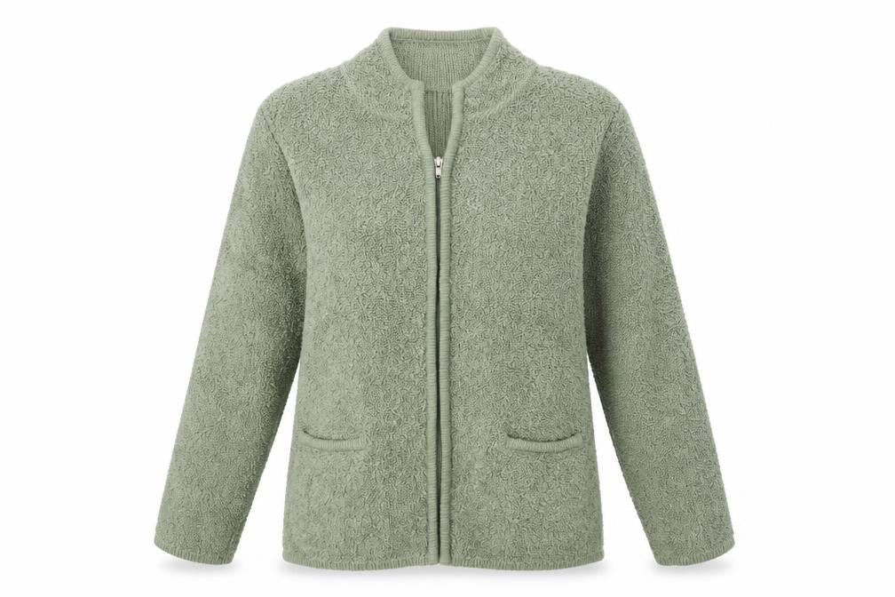 Front view of POPPPY women’s green jacket coat, size UK 10