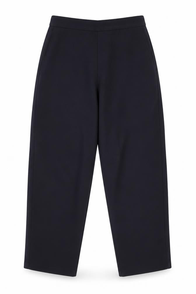 Front view of Preworn women’s blue trousers, size UK 14, 25-inch leg