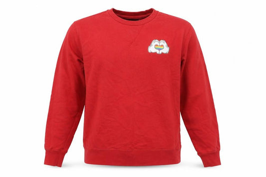 Front view of Disney women’s red pullover sweatshirt, size M