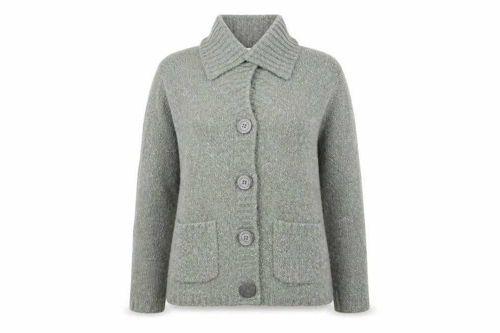Front view of EWM women’s green jacket coatigan, size M