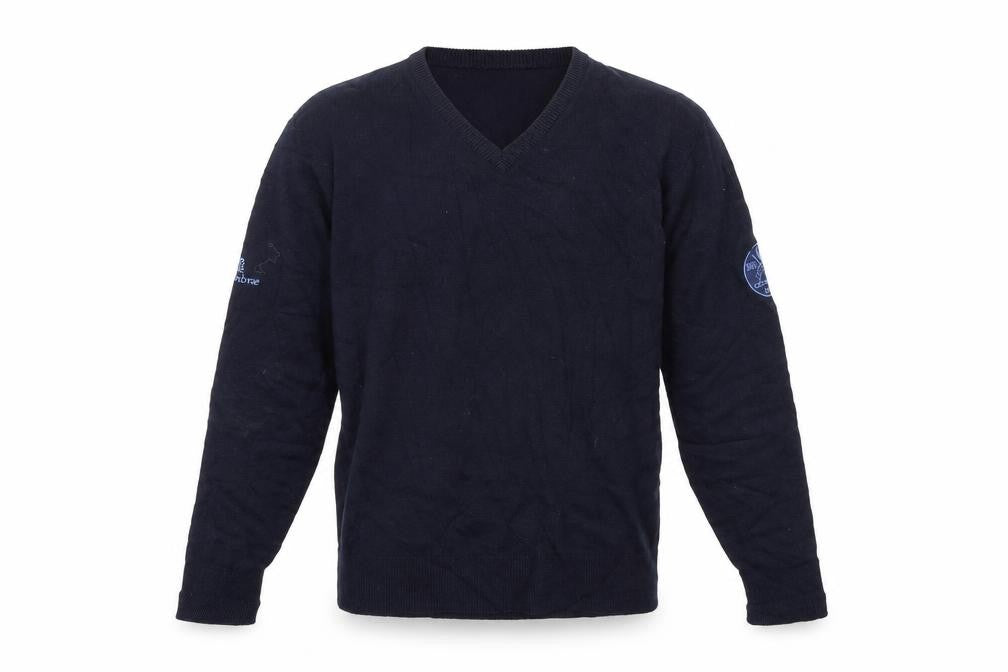 Front view of Glenbrae men’s blue jumper, size XS