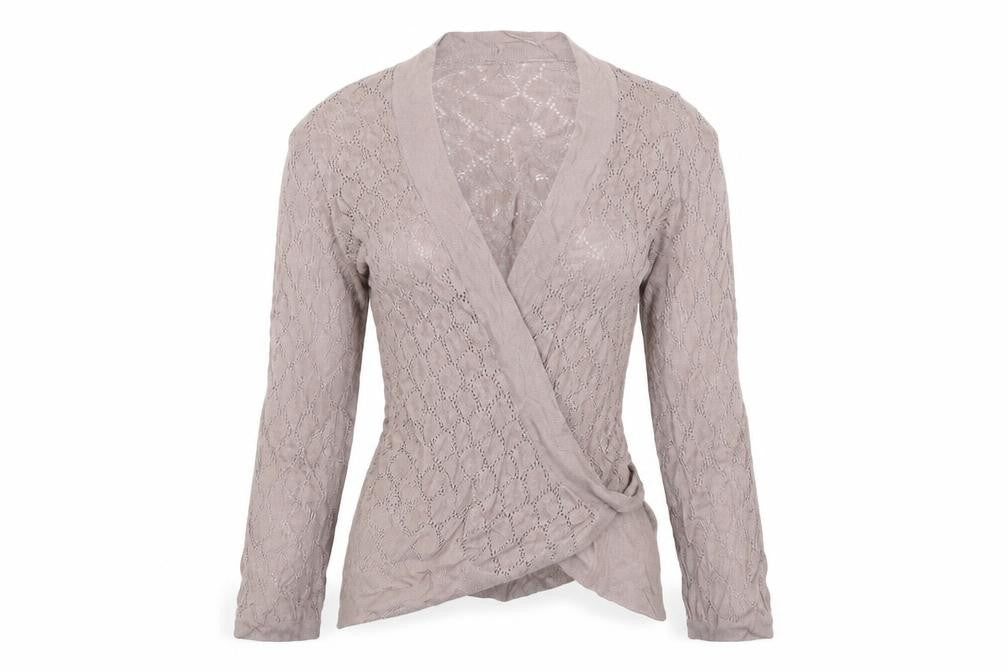 Front view of H&M women’s brown cardigan jumper, size UK 6