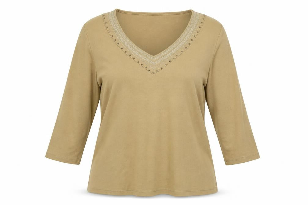Front view of Preworn women’s beige jersey blouse, size UK 18