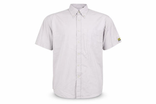 Front view of Uneek men’s beige button-up, size XL