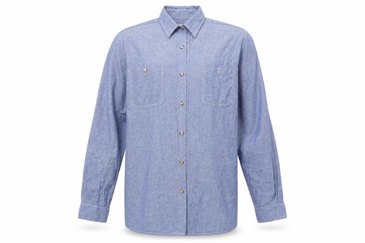 Front view of Argatta men’s blue button-up, size 42
