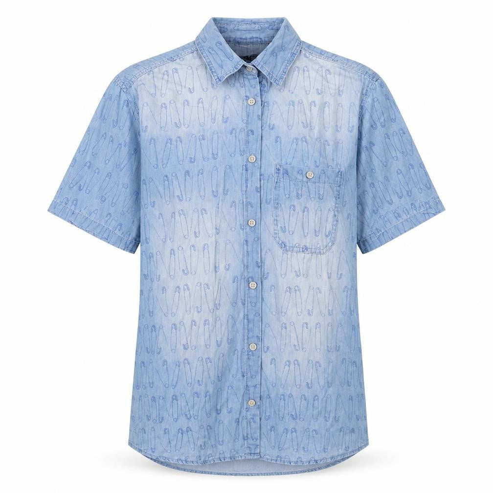 Front view of J Heart & Bros men’s blue button-up, size L