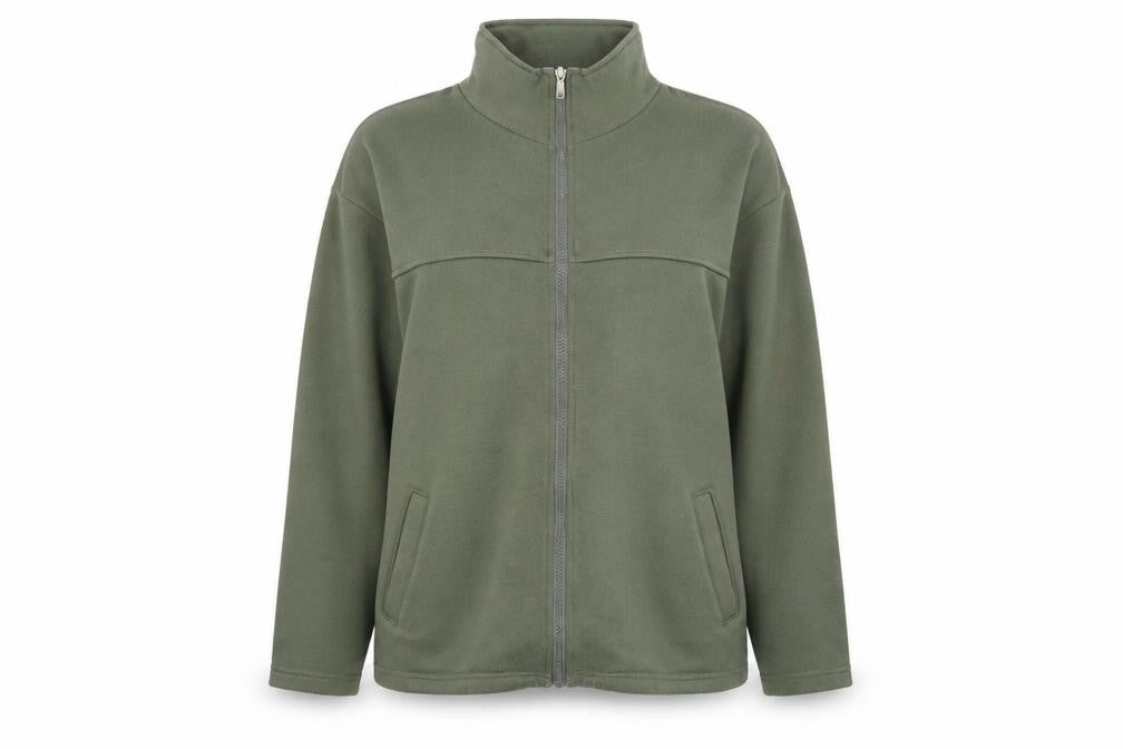 Front view of Donna Lewis women’s green full zip jumper, size M