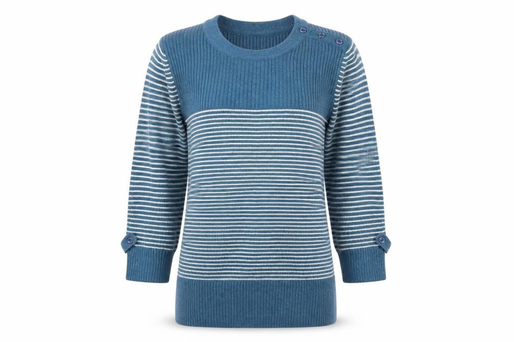 Front view of Topshop women’s blue striped jumper, size UK 8