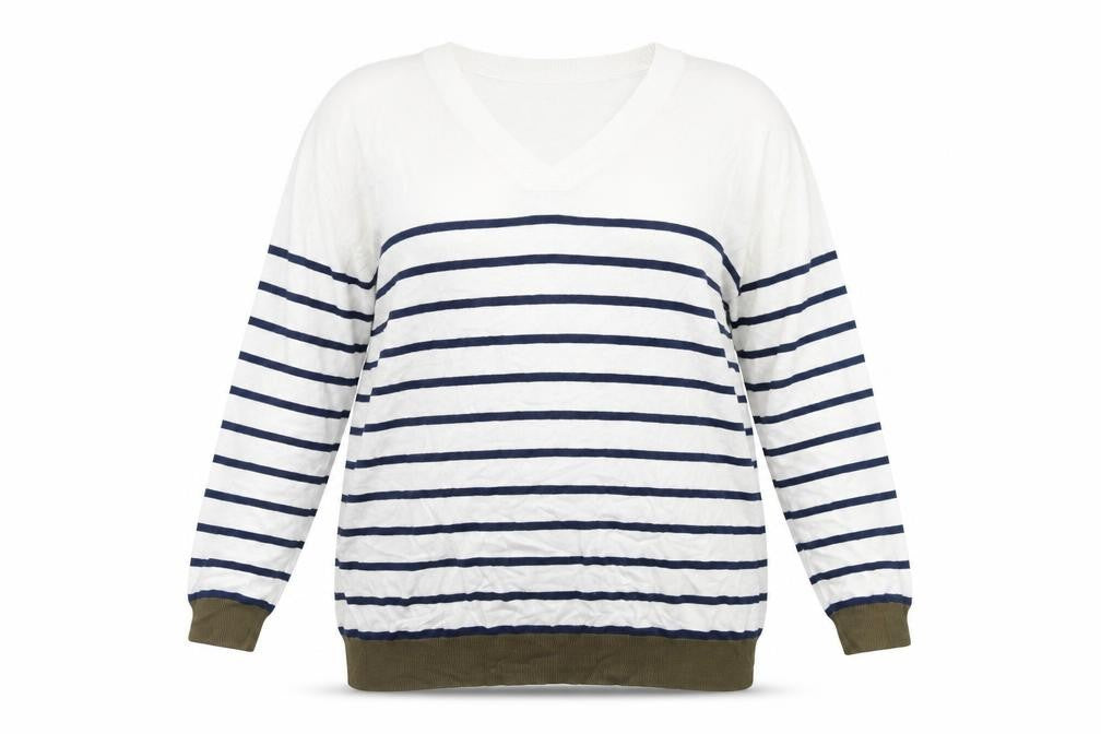 Front view of Capsule women’s multicoloured striped tunic jumper, size UK 16