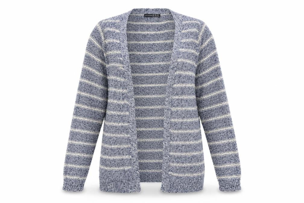 Front view of Atmosphere women’s blue striped cardigan jumper, size UK 10