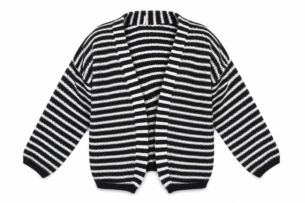 Front view of Sweewë women’s black striped shrug jumper, size S