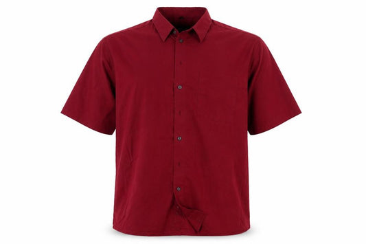Front view of Mac Demarco men’s red button-up, size 48, - front pocket