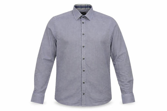Front view of Bruun & Stengade men’s blue check button-up, size 15