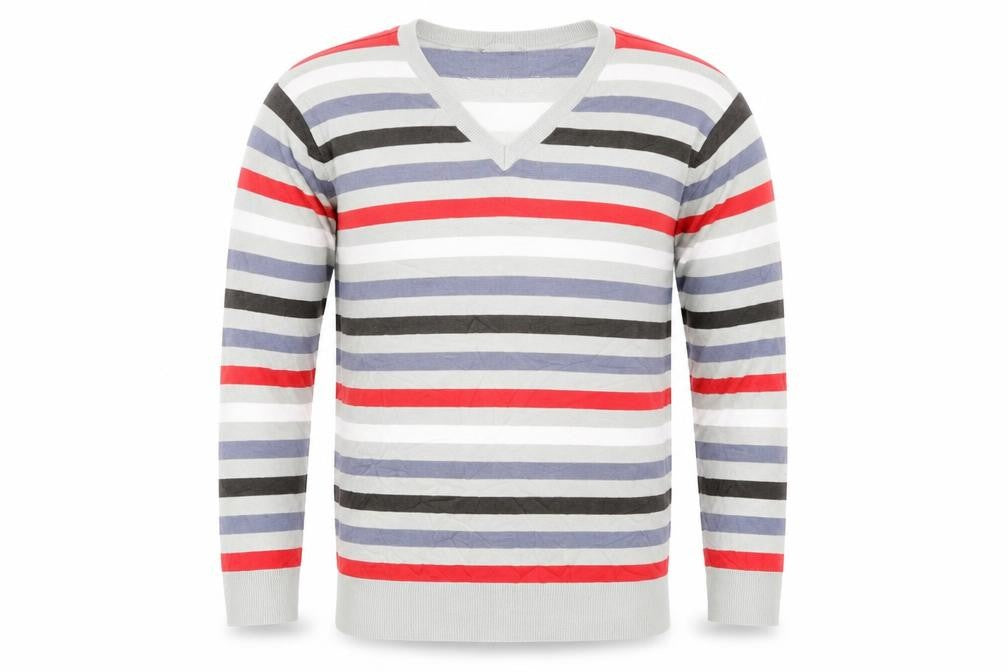 Front view of M&Co men’s grey striped jumper, size L