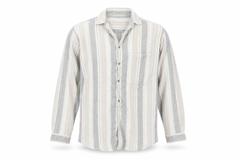 Front view of bankshot men’s brown striped button-up, size L