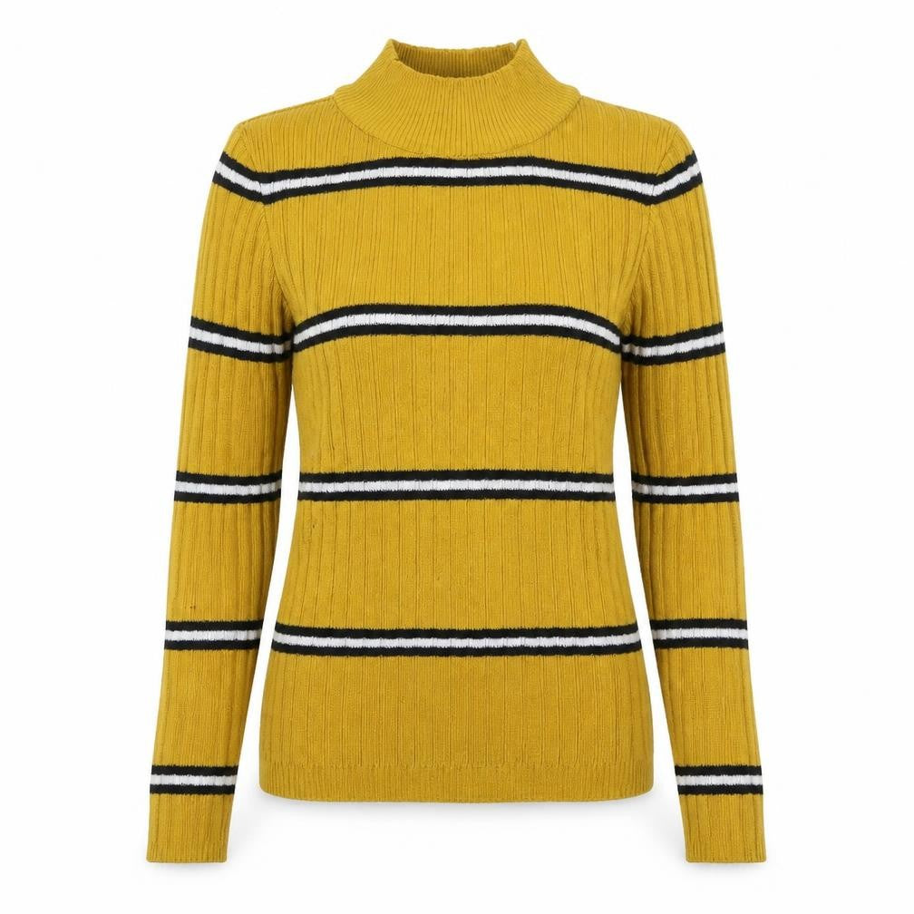 Front view of Primark women’s yellow striped knit jumper, size UK 6