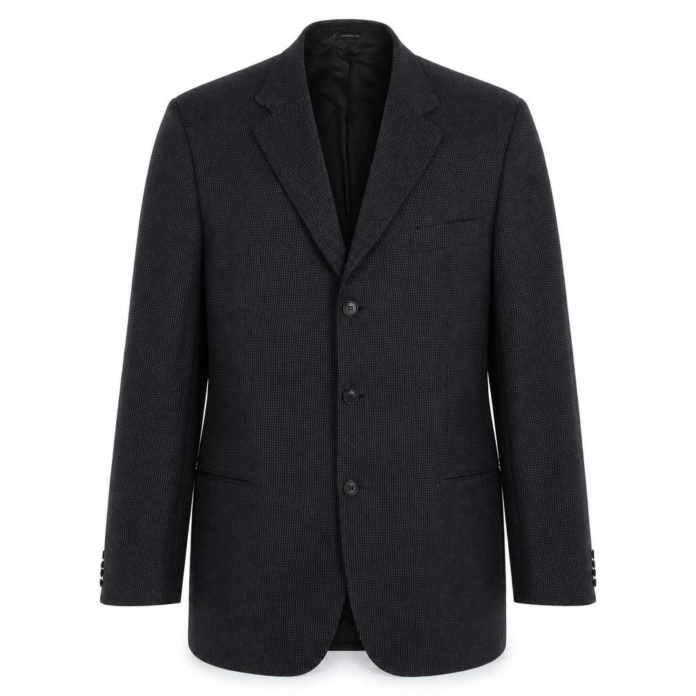 Front view of Rene Lezard men’s black striped jacket suit jacket, size 44