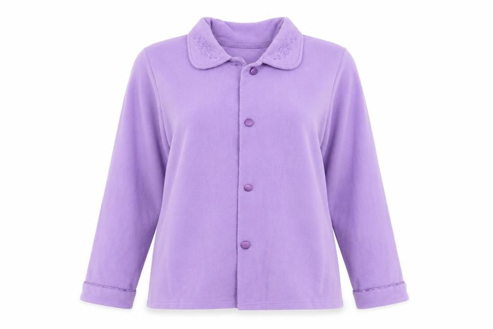 EWM Womens Purple Solid Fleece Top Pyjama Top Size S  - Floral embroidery