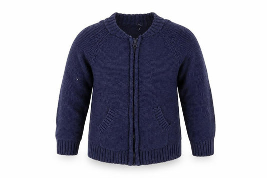Front view of Mini Club boys’ blue knit full zip jumper, size 18-24, months