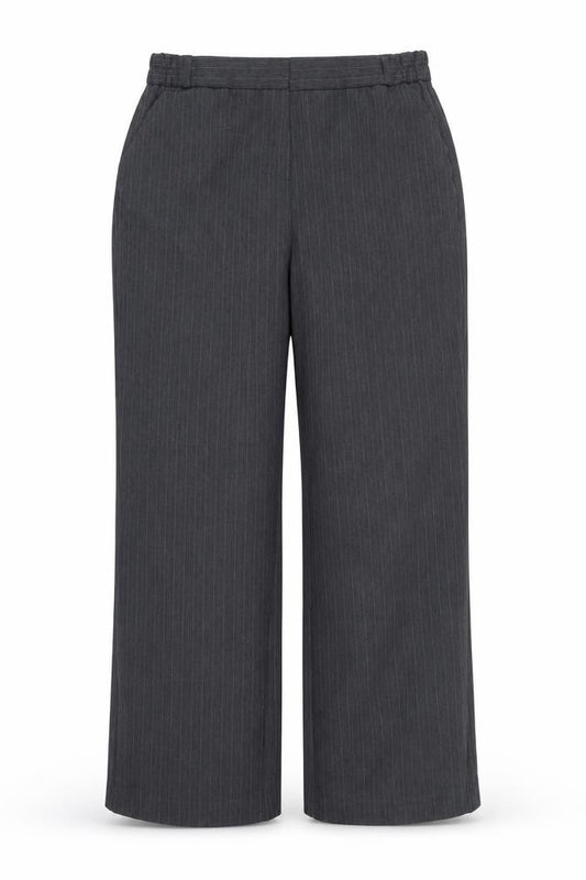Front view of Bonmarché women’s grey striped trousers, size UK 14, 26-inch leg