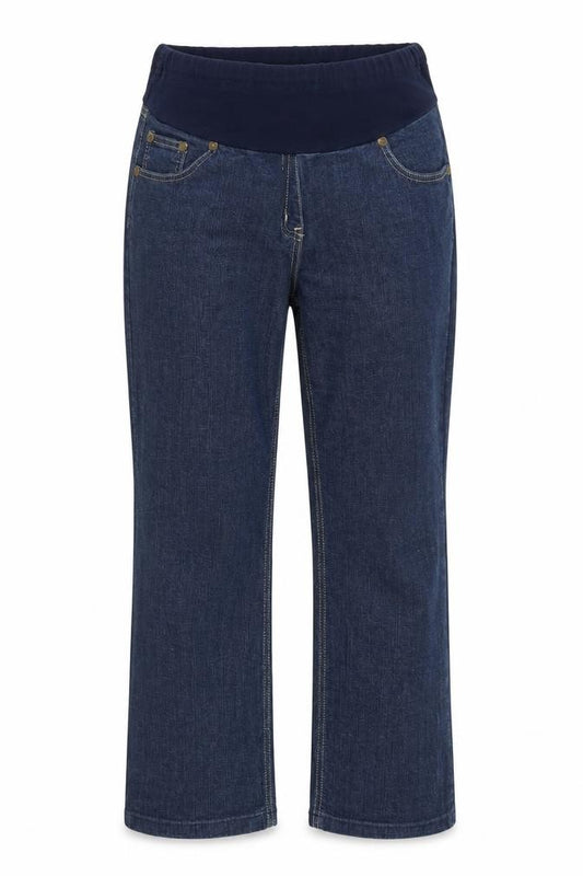 Front view of Evie women’s blue denim mom jeans, size UK 12, 28-inch leg