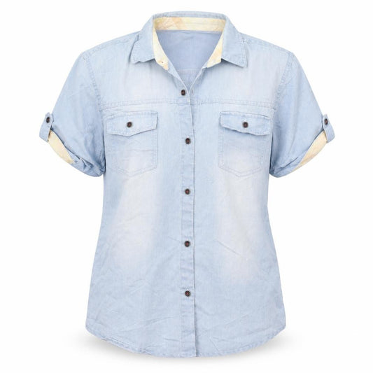 Front view of Preworn women’s blue basic button-up, size M