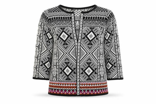 Front view of F&F women’s black geometric cardigan jumper, size UK 8