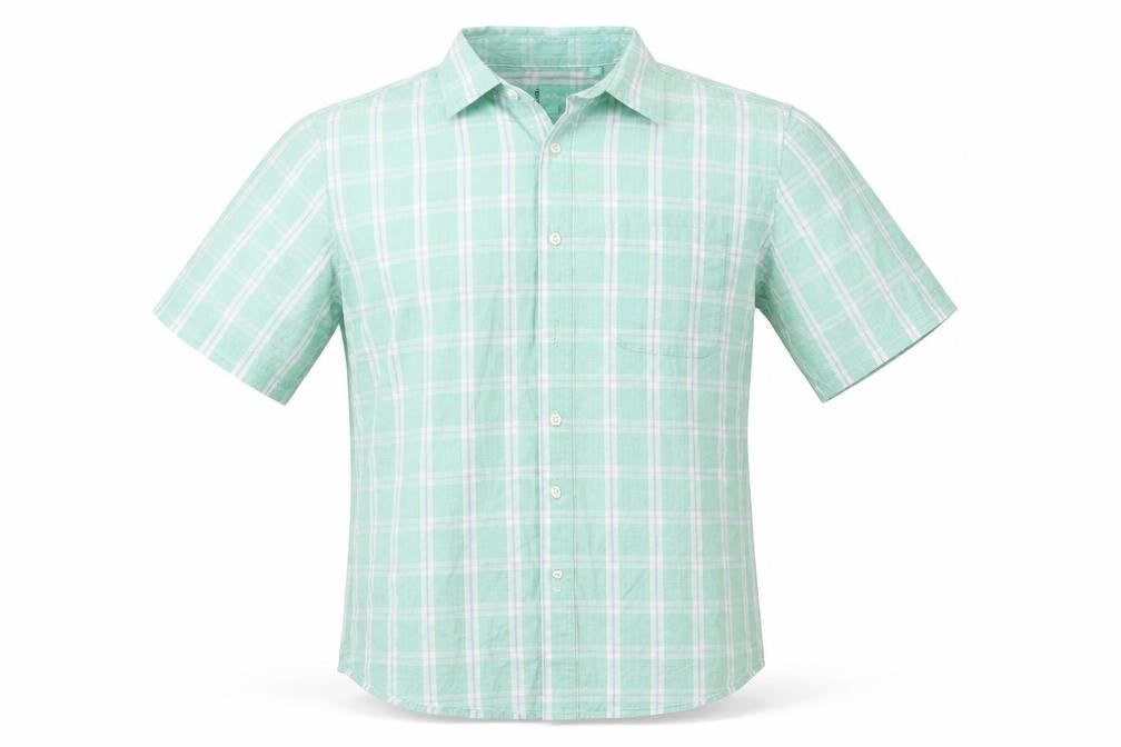 Front view of South Bay men’s green check button-up, size S