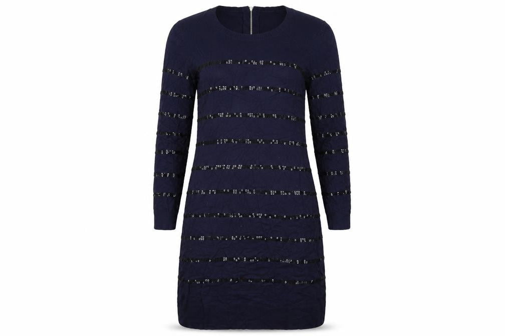 Front view of FWM women’s blue striped a-line, size UK 12