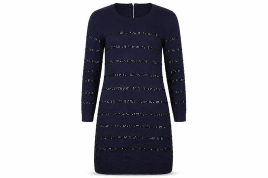 Front view of FWM women’s blue striped a-line, size UK 12