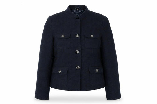 Front view of EWM women’s blue jacket, size UK 14