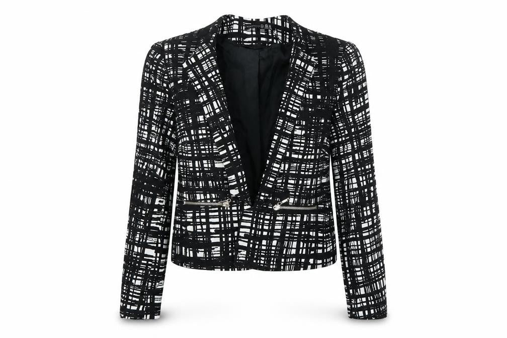 Front view of Primark women’s black check jacket coatigan, size UK 12