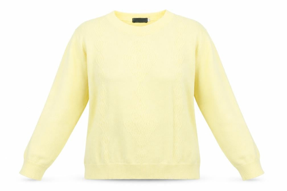 Front view of Preworn women’s yellow jumper, size M
