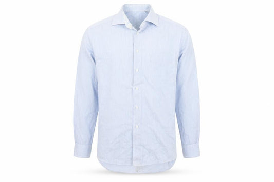 Front view of Oscar men’s blue pinstripe dress shirt, size 42