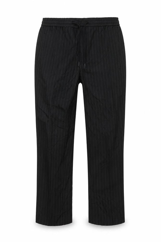 Front view of New Look men’s black striped trousers, size 28, in, 26-inch leg